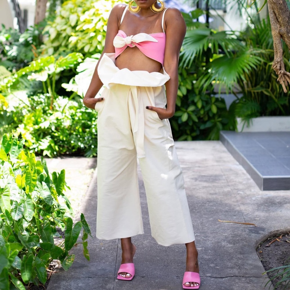 Reversible 2-Piece Set | Paper Bag Pants & Tie Crop Top Pink/Cream - Picture 3 of 10